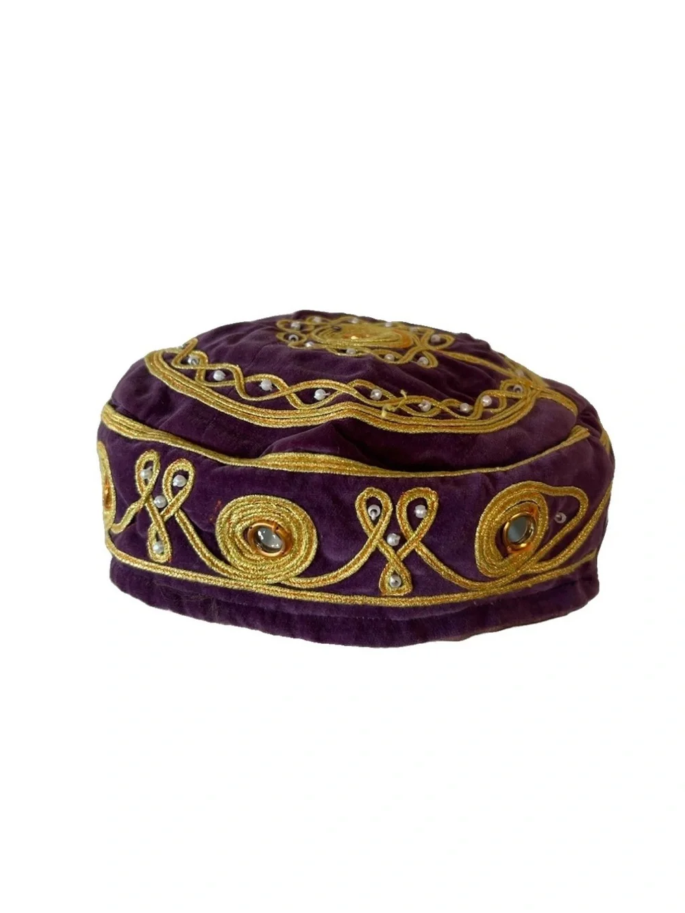 Vintage Velvet Embroidered Turkish Islamic Hat Kufi Gold Thread Mirror Bead